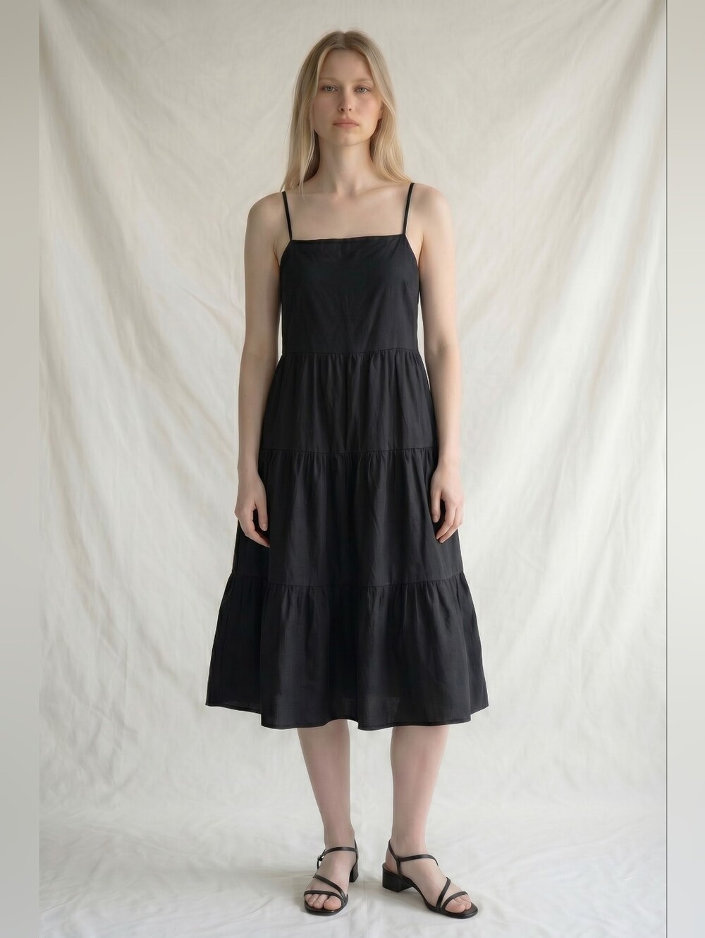 Enza Costa Black 100% Cotton Tiered Spaghetti Strap Square Neck Midi Dress Sz 2